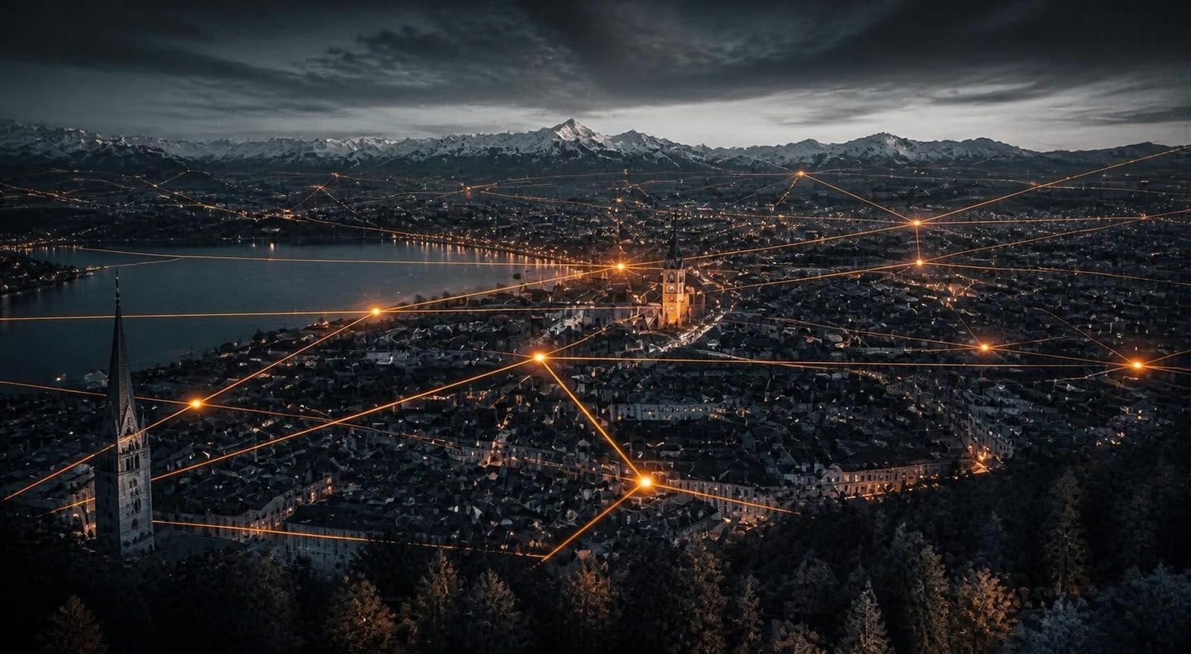 Swiss Alps at dusk above the valley